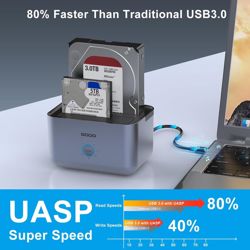 Godo محطة توصيل القرص الصلب إلى USB 3.0 نوع C، محطة توصيل القرص الصلب ذات bay مزدوجة للقرص الصلب SATA 2.5/3.5 بوصة/SSD مع مؤشر LED، تدعم النسخ المتماثل/المكرر غير المتصل 2 * 18TB رمادي - Image 2